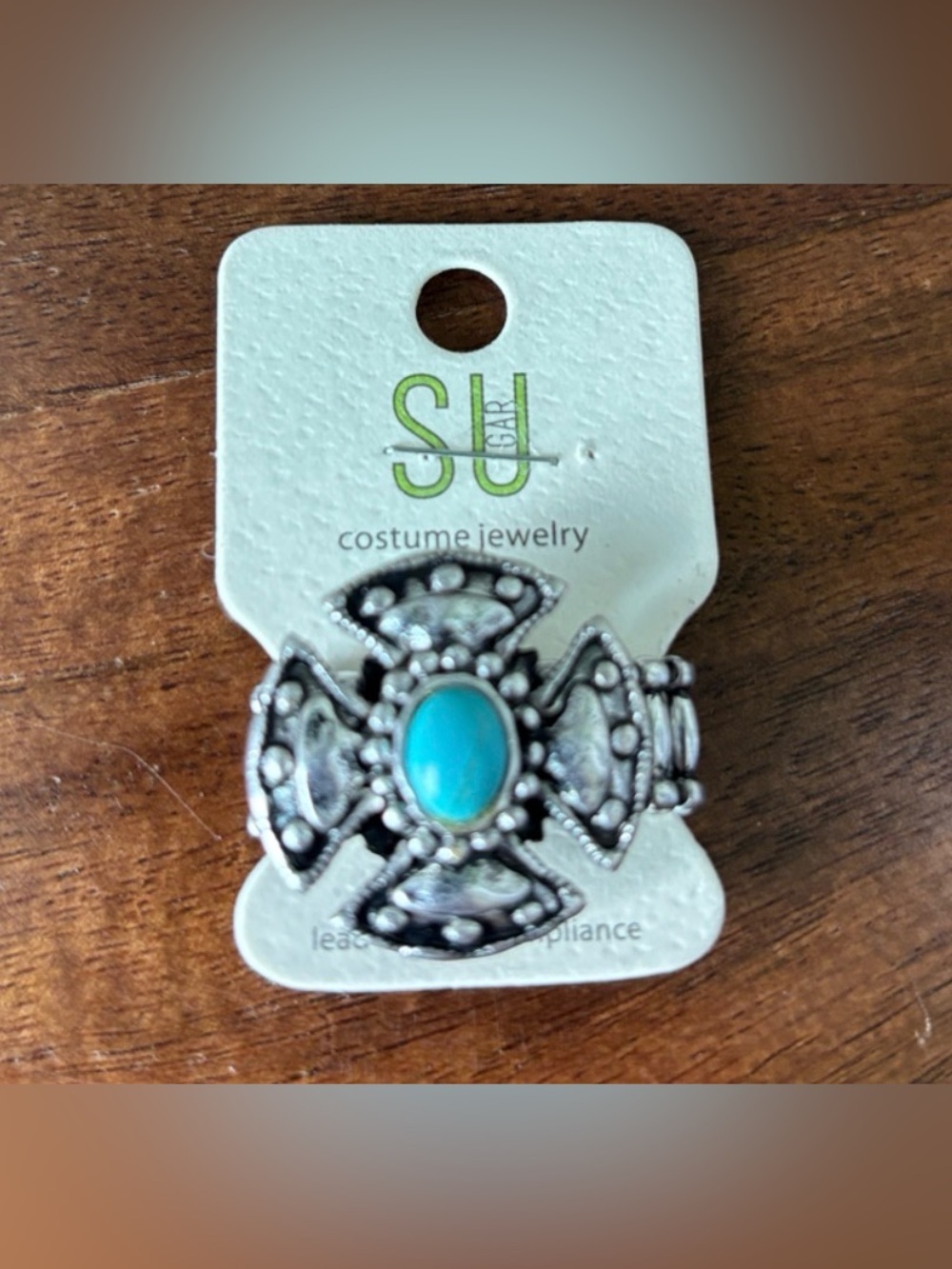 Jillian Michel Maltese Cross,Turquoise stone,silvertone, stretch